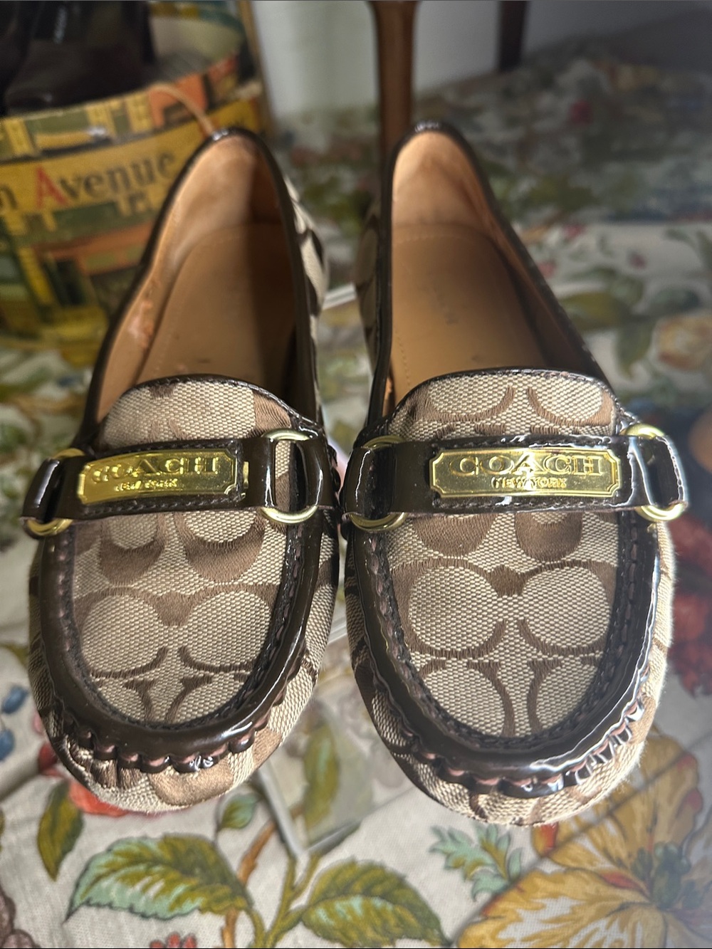Coach Signature Canvas Brown and Tan Loafers with Gold Plaque